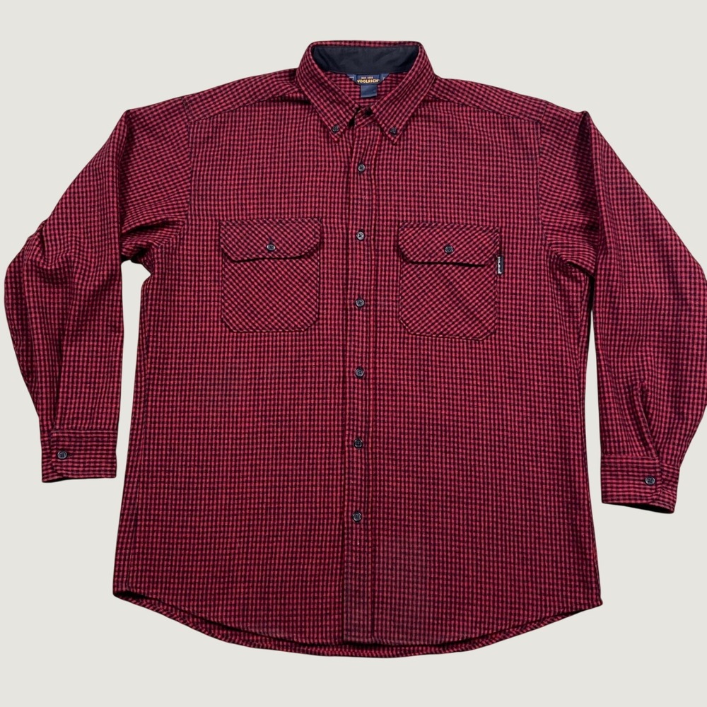 Woolrich Red Black Micro Check Flannel Button Down WOOL Field Shirt Mens M EUC